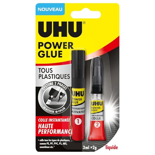 UHU Power Glue - Glue Extra-Forte Tous Plastiques - Pour Tous Supports Plastiques Courants - Ne Coule Pas - Résistante à L'eau - Application Précise - Tube Activateur 3 ml + Tube Colle 2 g