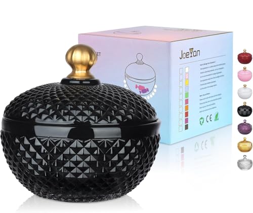 Joeyan 12 oz Small Black Glass Jars with Lid,Embossed Glass Candy Dishes,Diamond Faceted Food Container,Decorative Jewelry Box Apothecary Canisters,Colored Kitchen Bathroom Buffet Storage Organizer