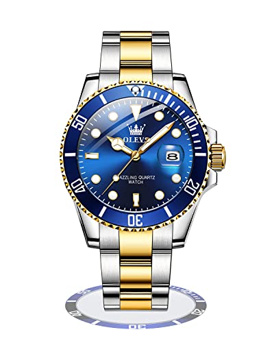 OLEVS Men's Watches Blue Face Stainless Steel Analog Submariner Watch for Men Two Tone Band Waterproof Diver Men's Wrist Watches with Date Rotating Bezel Casual Luminous Men Dress Watch Easy to Read