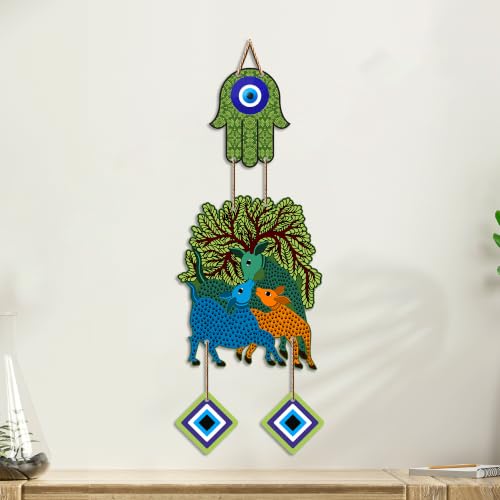 Image of Artvibes Tree of Life Deer Family Evil Eye Wall Hanging Decor | Nature Inspired Nazar Battu Protection Ornament | Rustic Spiritual Accent for Home Entrance | Living Room | Gift Item (WH 85146N)