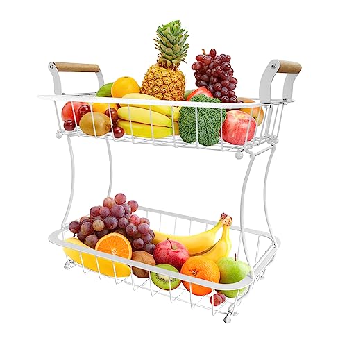 TINMIX Cesta de frutas de 2 niveles, estante para verduras, encimera, frutero, estante de metal, accesorios de cocina, cesta de almacenamiento, soporte para frutas (blanco)