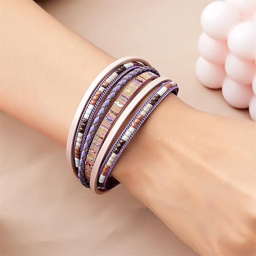 Image of Fesciory Leather Wrap Bracelets for Women, Boho Leopard Multi-Layer Crystal Beads Cuff Bracelet Jewelry