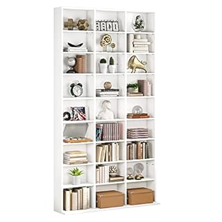 FirFurd Tall Bookcase CD DVD Storage Unit Tower Wooden Display Rack with Adjustble Shelves 27 Storage Compartments White Bookshelf 102.5x23.5x190cm
