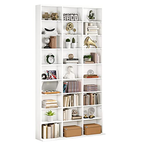 FirFurd Tall Bookcase CD DVD Storage Unit Tower Wooden Display Rack with Adjustble Shelves 24 Storage Compartments White Bookshelf 102.5×23.5x190cm