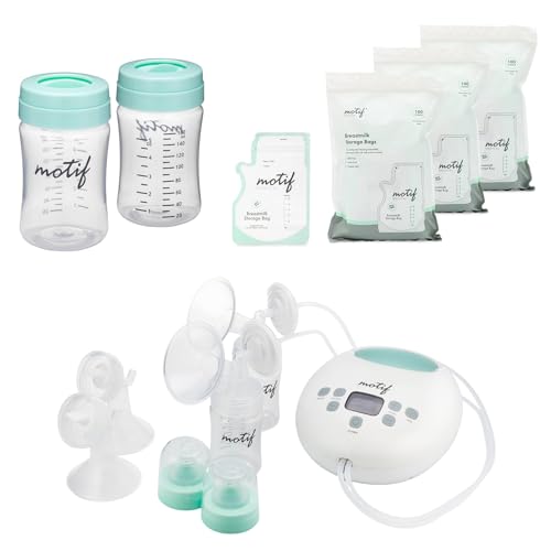 Motif Medical Luna with Battery Double Electric Breast Pump Bundle with Milk Storage, Portable Breast Pump with Battery - Easy to Use, Quiet Motor, Built-in LED Night Light