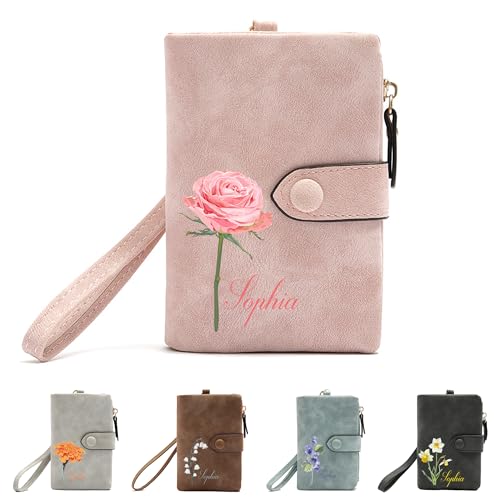 Custom Leather Coin Purse for Women, BUGMKCS Birth Flower with Name Ladies Wrist Wallet Small Tri-Fold Zipper Coin Purse with Wrist Strap Personalized Gift for Mom Mother's Day Birthday