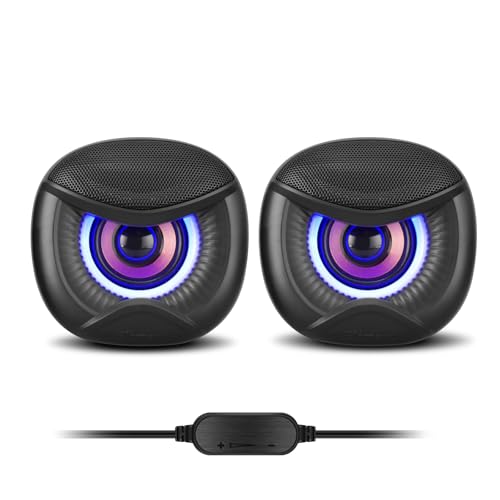 USB Powered Gaming Computer Speakers with RGB Blue Lighting 2.0 Stereo Sound System, Headphone Jack, Plug and Play, Works with PC/Laptop (USB-C Adapter Included)