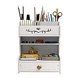 White Desk Organiser with Drawer Multifunctional Pen Holder Desk Tidy Caddy Office Stationery Desktop Organiser for Home, Office and School (PB13-White)