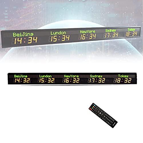 Orologio Mondiale, Orologio da Parete Digitale con 5 Fusi Orari, LED Rosso, per Interni, A Colori, con più Fusi Orari, per Ufficio/Casa/Soggiorno/Scuola