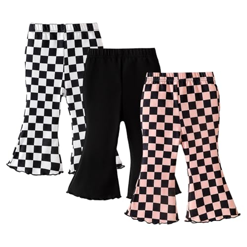 SOBOWO Checkered Baby Girl Flare Pants 3 Pack Toddler Bell Bottoms Plaid Ruffle Leggings Pants Fall Winter Outfits Size 6M-4T(18-24 Months Black&White Plaid/Black/Black&Pink Plaid)