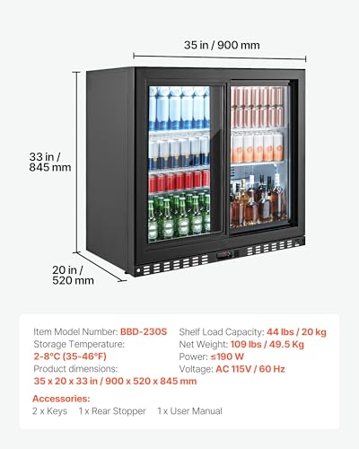Image of VEVOR Back Bar Cooler, 7.4 Cu. Ft Commercial Beverage Refrigerator, Under Counter Bar Fridge with 2 Sliding Doors, LED Lighting, Adjustable Shelves, Low-E Glass Display Cooler for Beer, Wine, Drink