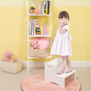 WOOD CITY Wooden Toddler Step Stool for Kids, White Two Step Children's Potty Stool with Handles, Bonus Non-Slip Pads for Safety, Bathroom & Kitchen, Dual Height WOOD CITY Wooden Toddler Step Stool for Kids White Two Step Childrens Potty Stool with Handles Bonus Non Slip Pads for Safety Bathroom Kitchen Dual Height