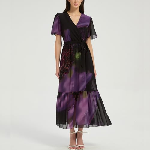 Image of Women's Summer Bohemian Floral Chiffon Dress Cap Sleeve V Neck Ruffle Long Flowy Boho Casual Vacation Dresses