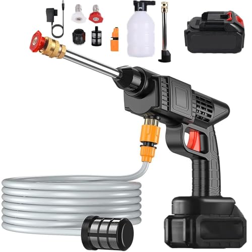 Idropulitrice Portatile, 90 Bar Idropulitrice Pulitore Portatile Senza Fili con Tubo da 5m, Regolazione Intelligente Della Tensione, Lunga Durata, per Auto, Patii, Finestre, Prati, Animali Domestici