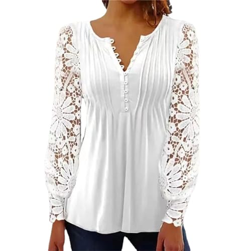 BISKAMY Tops for Women UK Elegant Ladies Tops Lace Patchwork Shirts Long Sleeve V Neck Blouse Plus Size Casual Loose T-Shirt， White Large