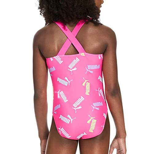 Image of PUMA Girls Sizes 7-16 All Over Print Logo Crossback One Piece Swim Bathing Suit (Ravish Pink, Medium)