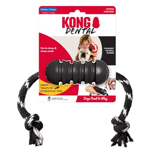 KONG Extreme Dental mit Seil - Hundespielzeug - Befüllbares Kauspielzeug aus Naturkautschuk für die Zahnpflege - Reinigt Zähne und Zahnfleisch - Für Mittelgroße Hunde