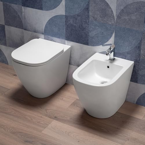 Coppia Sanitari bagno a terra in Ceramica Bianco Lucido - WC Rimless, Bidet, Sedile Soft Close, Sgancio Rapido, Risparmio Idrico, Fissaggi Inclusi, Installazione Parete o Pavimento - Mod.WhiteFloor 4
