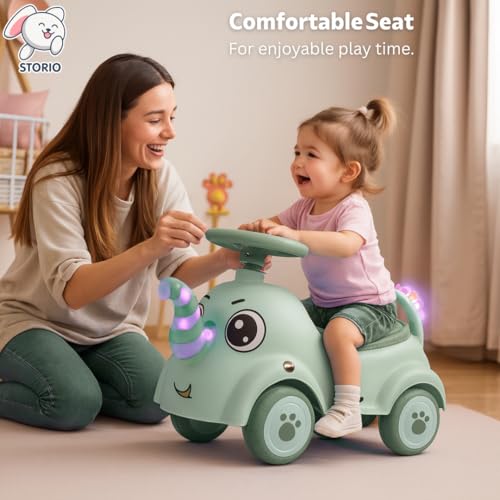 Image of Storio Elephant Baby Ride-On Car Toy with Light and Music - Green | Push Car for Kids with Backrest & Steering, 1-3 Years