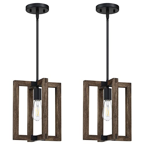 Dolaimi House 2 Pack 1-Light Farmhouse Adjustable Hand Painted Wood Semi Flush Mount Ceiling Light Fixtures Black Finish,Rustic Hanging Pendant Chandeliers For Foyer Dining Room Kitchen Island Hallway #TOP7