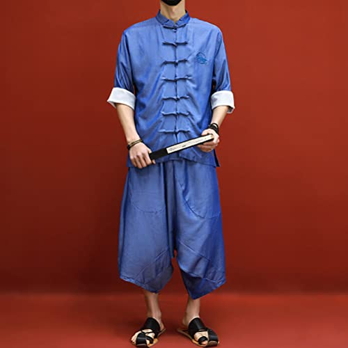 Men's Kung Fu Short Sleeve Shirt Tai Chi Uniform Chinese Martial Arts Clothes Wing Chun Tops Bottoms 2 Piece Outfit (Xl, 51-Peacock Blue) #TOP3