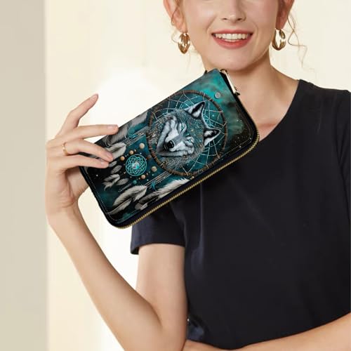 Image of Women's Wallets,Credit Card Holder Money Leather Long Wallet with Wristlet,Large Capacity with Zip-Around Phone Purse for Women Ladies Girls,Dream Catcher Wolf