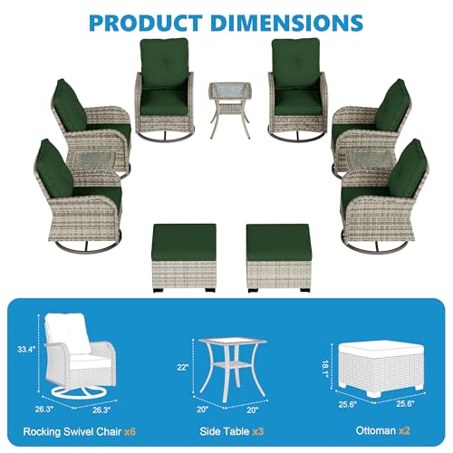 Image of 11-Piece Small Patio Furniture Set, Outdoor Swivel Rocking Chairs Set with Ottomans, Patio Bistro Set for Balcony, Deck, Porch, Dark Green