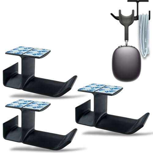 Image of SRS Under Desk Headphone Stand with Cable Organizer Storage Options | Headphone & Cable Hook Holder Hanger | Stick-ON Adhesive with Surface Cleaning Wipes (Black, Pack of 3)