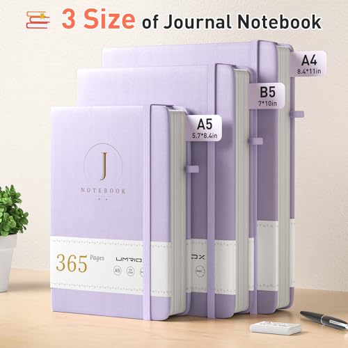 Umriox Thick B5 Lined Notebook,Leather Journal with 365 Pages,100gsm No Bleed Paper, Inner Pocket, Sticky Tabs, Lined Journals Notebooks for Work,Office,School,Home17.8 x 25.5cm-Purple