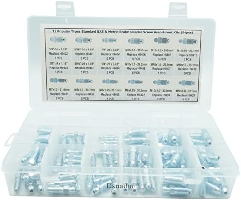 Dsnaduo Brake Bleeder Screws,Bleeder Valve,Bleeders, Caliper Bleeder Screw, Fit for Ford,Dodge,Chrysler,Toyota,90-Pieces SAE & Metric Bleeding Screws Bleed Kit