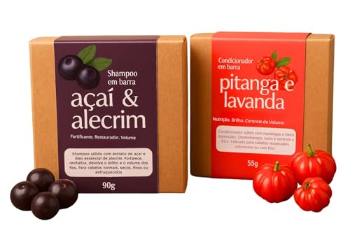 Kit Shampoo Açaí Fortificante e Condicionador Pitanga em Barra 100% Natural - Revitaliza, Nutrição e Brilho Capilar