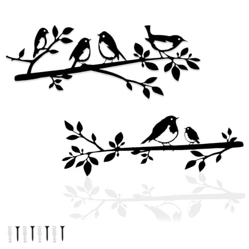 Pduoduo Lot de 2 oiseaux muraux en métal sur une branche,Décoration murale oiseaux en...
