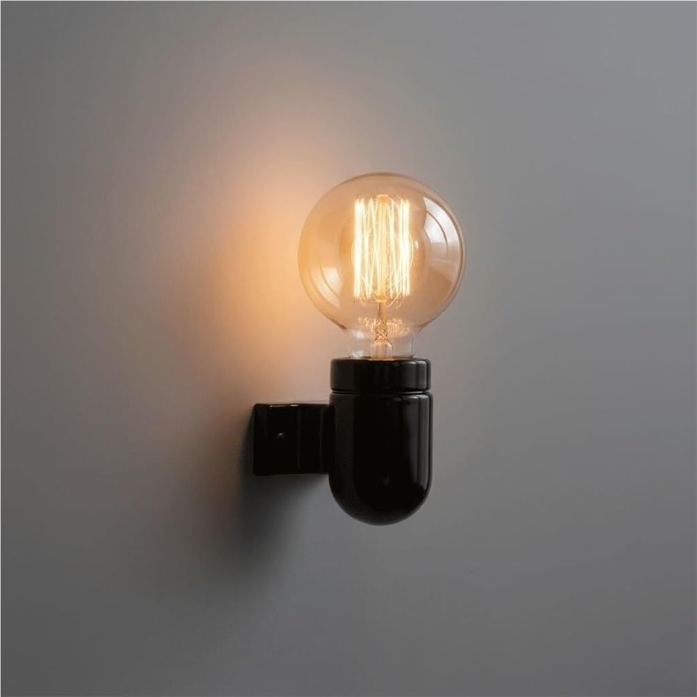 LYOUAE Minimalist Ceramic Wall Sconce Vintage Industrial E26 E27 Base Bulb Holder Glazed Porcelain Hardwired Wall Mounted Lamp for Bedroom Living Room Hallway(Black)