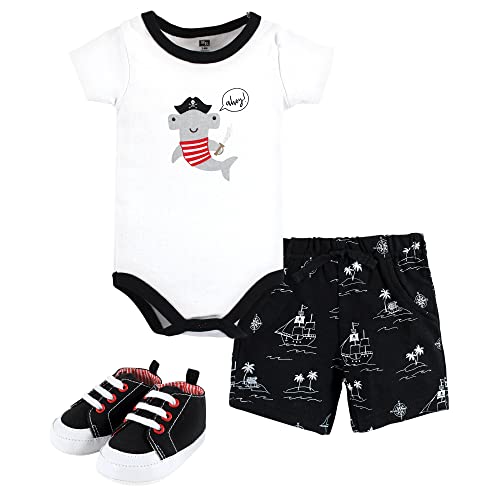 Image of Hudson Baby Unisex Baby Cotton Bodysuit, Shorts and Shoe Set