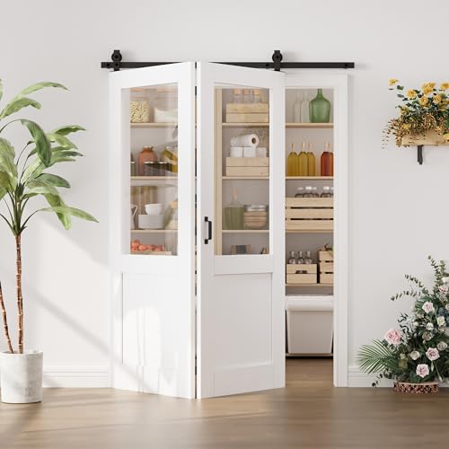 Image of 60 inchx80 inch Bifold Barn Door and 64 inch Track Kit, Upper Clear Glass & Lower Panel