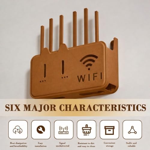 Image of Wall Mounted WiFi Router Storage Box with Cable Management, No Drill Adhesive WiFi Box Holder, Ventilated Router Stand Organizer for Modem, Power Strip & Set Top Box for Home Office Use (Brown)