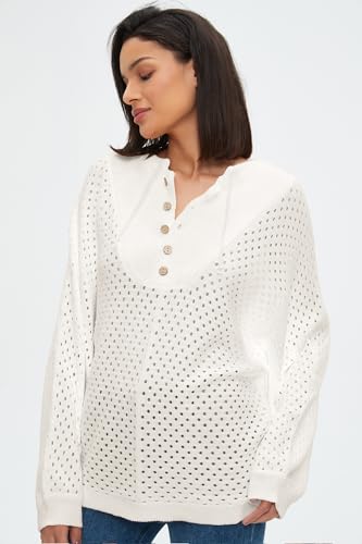 Image of EZAPINE Women's Oversized Crochet Sweater Pullover Drawstring Long Sleeve Button Hollow Out Knit Crochet Top Blouses
