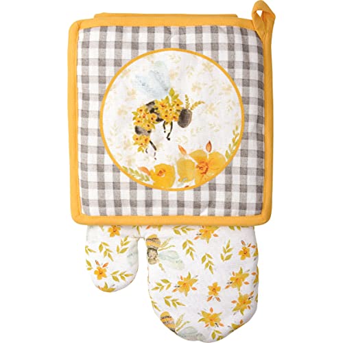 Primitives By Kathy Watercolor Bee & Floral Design Oven Mitt & Pot Holder Kitchen Set #TOP5