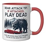 Bear Attack Tip, Play Dead Outdoor Funny Camping Ceramic Mug, Red/White