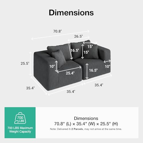 Image of Novilla 70.8 inch Modular Loveseat Sofa, Small Space Sectional Couch, Modern Cloud Sofa with Smarts Coil Support, Boneless Sectional Couch for Living Room Apartment, No Assembly Required, Dark Gray
