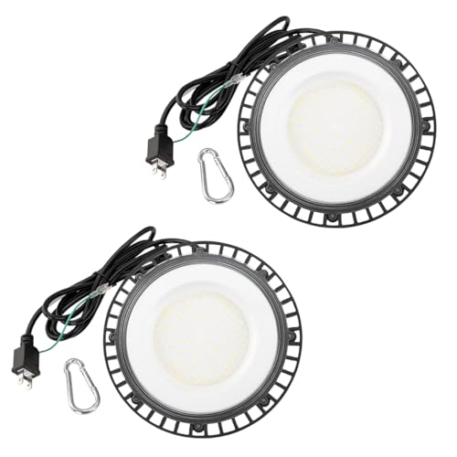 消費電力70W 小型高天井照明 直径20cm 昼白色 約6,500LM(13OＷ水銀灯相当）UFO型LEDハイベイライト (2個セット) AC100V 2ピンプラグ付き2m電源コード 2年保証 IP44屋内用 配光角120度 駐車場 運動場 工場 倉庫 PSE適合 REUDO リュウド TO-YT7501-BK2