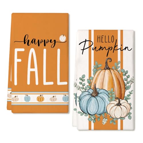 ARKENY Fall Kitchen Towels for Fall Decor,Orange Hello Pumpkin Eucalyptus Leaves Autumn Dish Towels 18x26 Inch Set of 2,Farmhouse Home Thanksgiving Harvest Vintage Decorations AD343