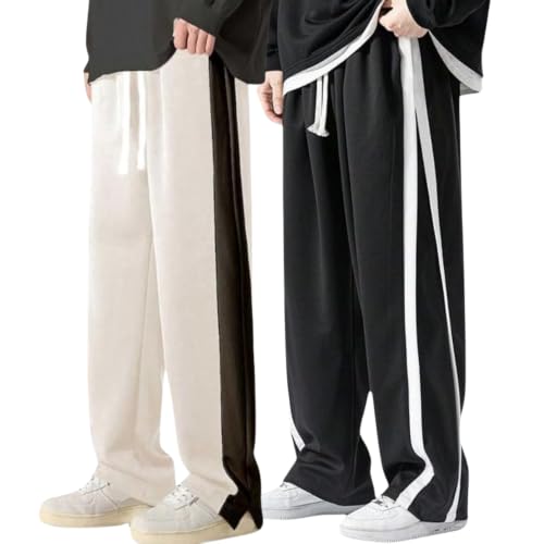 Image of GRECIILOOKS Men Casual Trouser | Men's Wide Leg Track Pants with Contrast Side Panel | Relaxed Drawstring Fit Streetwear Trousers | Loose Fit Joggers for Man