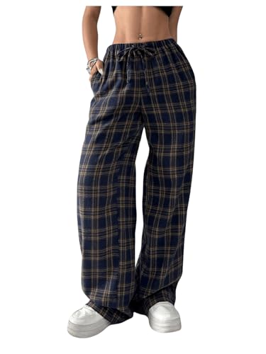 Women's Wide Leg Pants Y2K Drawstring Elastic High Waisted Plaid Pants Pajama with Pockets Brown X-Small