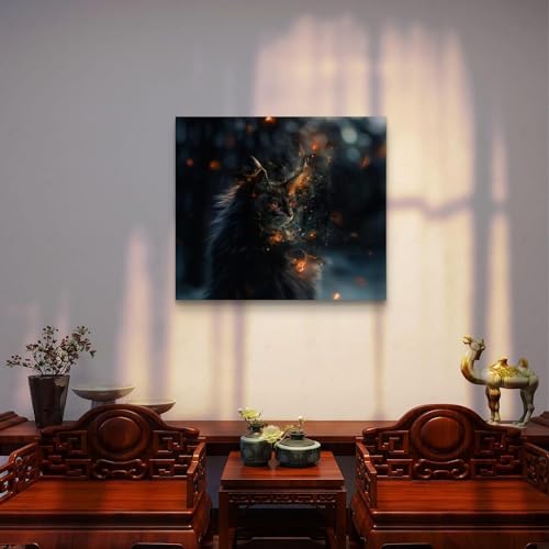 Tableau chat mystique grand format 70x120 déco murale sombre lueur de minuit
