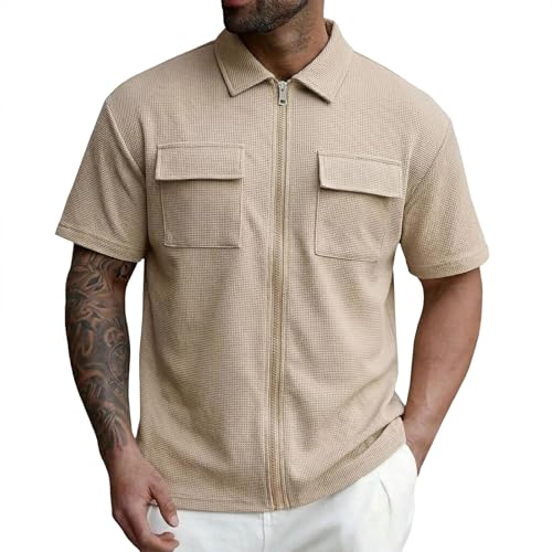 DENGJIAMY Chemise de travail à fermeture éclair pour homme, chemise gaufrée à manches courtes avec plusieurs poches, haut classique basique uni pour homme,...