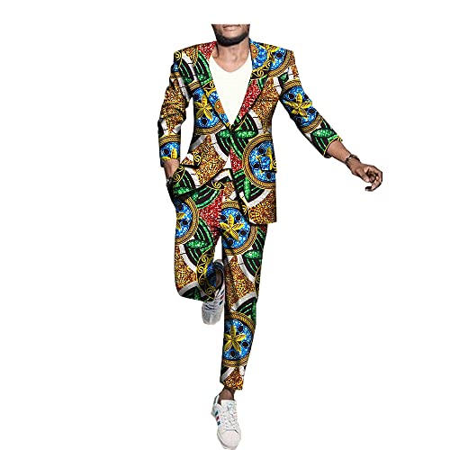 Men`s Business Suit African Print One Button Jacket+Pants Slim Fit Formal...