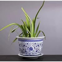 BIVVI Vaso Esagonale In Porcellana Blu E Bianca Jingdezhen – Fatto A Mano Con Motivo Orchidea, Con Foro Di Drenaggio