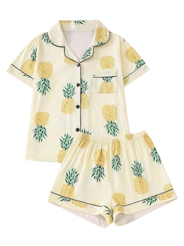 SOLY HUX Women's Short Pajamas Set Cute Printed Button Short Sleeve Shirt with Shorts Sleepwear PJs Set