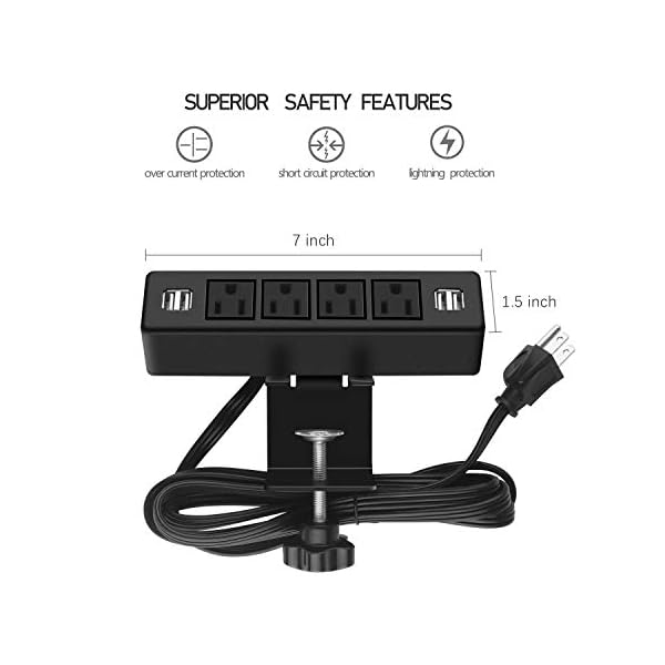 ANNQUAN Desktop Clamp Power Strip with 4 USB Ports,Desk Mount Power